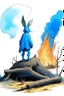 Placeholder: A human-sized rabbit wearing a blue scarf gazing at a giant burning stump from atop a hill, looking sad