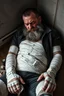Placeholder: a very sad hurt swedish motorcycle gang man with beard, he is covered all the body with bandage and are in deep pain, bandage all over him, cripple, lying on the floor