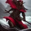 Placeholder: a pirate warrior in dark red and black full battle armor, a highly detailed illustration, background of giant crashing ocean waves, realistic render, 8 k, micro detail, intricate, elegant, centered, digital painting, Artstation, smooth, sharp focus, illustration, artgerm, tomasz alen kopera, peter mohrbacher, donato giancola, joseph christian leyendecker, wlop, boris vallejo