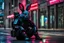 Placeholder: Cyberpunk black rabbit wearing body armor. He is on the neon-soaked sidewalks of the city. Photograph.