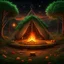 Placeholder: Camp fire, Rainy Night, highly detailed with lush forests, green leafs, flowers, pagan temple with runes, high resolution, 24k, ornate, intricate, complex, digital painting, smooth