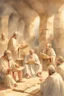 Placeholder: Several Christian priests of the 1st century AD are sitting in a cave and actively arguing and gesticulating, each holding a scroll of Ancient Scripture, many ancient scrolls are lying on a wooden table in front of them, everything is written in watercolor in high resolution, in 8k.