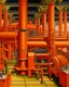 Placeholder: An orange colored mechanical factory with arrows painted by Diego Rivera