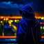 Placeholder: girl in a raincoat, viewed from behind, watching the empty city, at midnight, very dark colours, rainy, atmospheric, photo quality