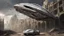 Placeholder: a photorealistic silver spaceship shaped like a sleek car flying over a ruined city