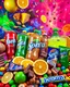 Placeholder: An image filled with Fanta, Coca-Cola, Sprite, chocolate, fruit juices, various fruits, fruit slices, various chocolates from global brands, M&M chocolate, chips, snacks, and chewing gum in a psychedelic, colorful, and eye-catching space.