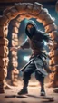 Placeholder: portrait of wilderness ninja stepping through portal wearing clawed shoes, we can only see part of him on this side of the portal, he is throwing ninja stars that looks like cookies at mega alien looking dogs during a game show, bokeh like f/0.8, tilt-shift lens 8k, high detail, smooth render, down-light, unreal engine, prize winning