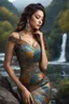 Placeholder: full shot body photo of the most beautiful artwork in the world featuring model, happy mood, High Detail, dramatic, photo realistic, ultra sharp, ultra hd, hyper realistic, ultra realistic, ((((dress)))), trending on artstation, sharp focus, studio photo, intricate details, highly detailed, standing in nice pose in country side with river ,water fall ,rocky valley,mountains at background, pretty clouds