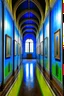 Placeholder: An exhibition of paintings whose walls are in the shape of an oval and made of blue glass and its floor is light with a wall in the middle of the hall to divide it into two parts with a corridor at the beginning and end of the wall and the paintings displayed are old and historical