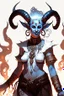 Placeholder: A full body image of this tiefling woman she has fire powers, she is floating she has lots of jewelry and the horns of a ram and also the horns of a gazelle, her outfit is white and her body is covered in tribal tattoos, she is laughing