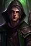 Placeholder: 35 year old male dark rogue wood elf, thief assassin, messy Mauve hair, sparkling green eyes, glowing brown skin, black hood, black leather, messy, disheveled, trees, sneaky, bow and arrows, tall, skinny, friendly, stoner