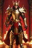 Placeholder: Realistic photography,front view, Handsome Warrior super model Chinese man,dressing armor warframe,long brown hair, looking at viewer,traditional dress ornaments mechanical armor china traditional, intricate armor, delicate golden shine bright, black metalic parts, detailed part, jewelry diamonds,dynamic pose,abstrac background, dynamic lighting, red hour, full body portrait