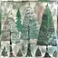 Placeholder: monoprint, a primitive Christmas trees, mixed media, woodblock print, linoprint, soft muted colors