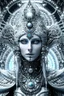 Placeholder: A beautiful alien with big eyes and small nose and mouth wearing a bioluminescense white zafír biomechanical silver metallic diadem headress, wearing biomechanical amalgamation style leather jacket dress ribbed with silver floral metallic filigree biomechanical vantablack pattern, organic bio spinal ribbed detail of gothic winter backround extremely detailed maximalist hyperrealistic portrait art