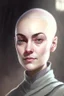 Placeholder: full color portrait drawing, portrait, fantasy setting, 22-year old female human cleric, shaved head, light eyebrows, grey eyes