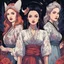 Placeholder: [american gods] three 3 Zorya sisters: Zorya Vechernyaya, Utrennyaya, Polunochnaya (dark magic, danger, stress), comic book style elements. The illustrations are in a square aspect ratio, with a low angle and wide-angle lens effect, blending cartoon, anime, fairy tale, and ukiyo-e styles. The images focus on line art and high contrast, digital concept art piece.