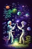 Placeholder: Albert Einstein and Richard Feynman playing with numbers & atoms in outerspace with plants, cosmic gas, stars, moons, and comets dancing around them