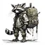 Placeholder: raccoon thief, backpack, hooded, post-apocalyptic, rough sketch