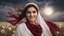 Placeholder: Hyper Realistic Close-up-view of a Beautiful-Young-Happy-Pashto-Woman-with-beautiful-eyes-Smiling with-white-dress-with-maroon-shawl & breeze-whirling in a cotton-field & cloudy-night-&-moonlight showing dramatic & cinematic ambiance