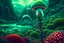 Placeholder: woman in a tight suit, on the shores of an alien world, with mushrooms with jellyfish tentacles, small plants and mossy rocks