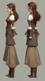 Placeholder: turnaround frontal view, side view and back view, character of a girl, realistic style, brown hair, she wears fantasy medieval clothes, she is slim, full body view