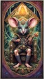 Placeholder: mandala style framed playing card illustration, close up portrait of an ace happy blessed ancient magical scaly slimy weird mouse alien tuba star mad max soldier posing for photo shoot on a throne, holding a burning sceptre, in a space alien mega structure with stairs and bridges woven into a sacred geometry knitted tapestry in the middle of lush magic jungle, bokeh like f/0.8, tilt-shift lens 8k, high detail, smooth render, down-light, unreal engine, prize winning