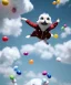 Placeholder: Ultra realistic speed clouds sky scene, wide angle view, child falling down with many Children background, inflatable monsters, circus dress style, feather color, free jumping flying, many trinkets, hair monster, many jelly beans, balls, color smoke, smile, happy, extreme, wind, clouds sea, 20,000 feet altitude, stratosphere, soft color, highly detailed, unreal engine 5, ray tracing, RTX, lumen lighting, ultra detail, volumetric lighting, 3d, finely drawn, high definition.