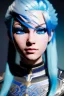 Placeholder: Smirking anime fighter, light blue hair, blue eyes, facepaint, up portrait, 8k resolution, intricate details, ornate details, soft lighting, vibrant colors, retroanime, masterpiece, realistic details, intricate eyeliner, dark eyeshadow, eyes, intricate tattoos, futuristic cityscape background