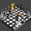 Placeholder: Magnus Carlsen playing on a life size chess board made of marble against Bobby Fischer