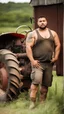 Placeholder: half figure photography of a burly chubby overweight muscular brazilian farmer 25 years old, sweat near a tractor, short curly hair, tattoo, big goatee, manly chest, dirty tank top and dirty boxer , hand on the fap, tank top with dirty overalls, on the door of a large barn, under the sun