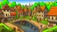 Placeholder: medieval village on a lake with bridges, people, balconies, trees