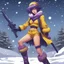 Placeholder: [illustration by Hajime Yatate] Faye Valentine, clad in her iconic outfit (a yellow short and a yellow crop top), stands in the snow of Callisto with furry boots. She points her trusty gun. Amidst the icy winds and swirling snowflakes, Faye's violet hair is an 80s update of the flapper Bob, reflecting the cold beauty of the alien world.