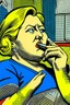 Placeholder: fat woman sitting on sofa listening to radio watching tv news in a room with signs of propaganda in the style of roy lichtenstein