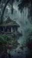Placeholder: A swamp surrounded by bamboos long trees in cloudy, depressing, foggy, with a dim of light in the distance , there.is an abandoned cottage covered with leaves. A close look of strange scary creature sitting outside the cottage, a crocodile in the water