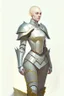 Placeholder: full length colour drawing, portrait, 22-year old friendly slender female human cleric, shaved head, blonde eyebrows, grey eyes, wearing armour