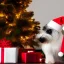 Placeholder: Black and white, White terrier, photorealistic, holding Christmas present in front of tree