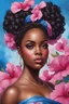 Placeholder: create an oil painting art image of a black curvy female looking to the side with a curly messy bun in a wrapped hair scarf. prominent make up with hazel eyes. 2k Highly detailed hair. Background of blue and pink hibiscus flowers surrounding her heaviley