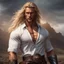 Placeholder: handsome warrior king, muscular, long blonde hair, male age 30, wearing jeans and a white shirt, tan skin, tattoos,photorealistic 4k dark fantasy