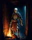 Placeholder: A frightening castle dungeon hallway with a skeleton warrior in rusty chainmail holding a burning torch painterly rpg art