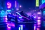 Placeholder: a glowing black and purple Zonda car zooming through the streets of a neon lit futuristic miami at night and in the rain 8k hyperrealistic