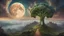 Placeholder: A moon that looks like a happy origin head broccoli above a landscape, a kid in a ragged dress looks up in the distance, fog, and intricate background HDR, 8k, epic colors, fantasy surrealism, in the style of gothic