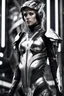 Placeholder: Generate an 8k image of a futuristic Hollywood superstar with android features, inspired by Luis Royo's art, wearing a metallic exosuit.In black and white,