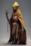 Placeholder: slim copper robot, dungeons and dragons, yellow eyes, wearing cloak