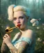 Placeholder: Ultra realistic wonderland photo, happy blonde woman smoking a pipe, blue dress, white rabbit pet, circus dress style, old school tattoo, smoke, marijuana garden, glow eyes, perfect iris, soft color, highly detailed, unreal engine 5, ray tracing, RTX, lumen lighting, ultra detail, volumetric lighting, high definition.