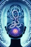 Placeholder: Spiritual being with Tentacles over human Head creating reality around, wrapping Spiral around Human, Psychedelic