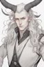 Placeholder: A dnd character portrait, a tiefling man with long hair and long black horns, white eyes and pale skin. Handsome.