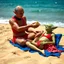 Placeholder: sandy beach scene shows realistic Data from Star Trek and Star Wars' Yoda wearing only a bright red speedo. Yoda, with green wrinkled skin and pointed ears, sits cross-legged while extending his three-fingered hand to feed a wedge of Welsh Rarebit to Data, who reclines on a blue beach towel. Data's pale complexion and yellow skin tone are visible as he receives the food. The beach setting features golden sand, with blue ocean waves visible in the background. Daytime outdoor photography with nat