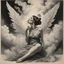 Placeholder: women sitting forward Her face turned upwards and blows cigarette smoke from their mouth. It depicts a figure with wings emerging from its back. behind the clouds of smoke seen death.