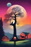 Placeholder: everything in this picture is upside down, A man, a cat, a horse, a tree, a house, a barn, a dog, a mountain range, a moon, fog, mist, trees, this picture is colorful