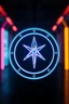 Placeholder: extremely sharp hypnotic symbol in front of depth of field neon google effect